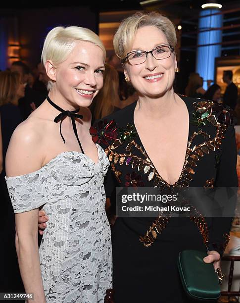 Actresses Michelle Williams and Meryl Streep attend the 74th Annual Golden Globe Awards at The Beverly Hilton Hotel on January 8, 2017 in Beverly...