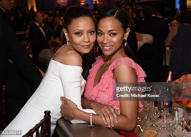 Actresses Thandie Newton and Zoe Saldana attend the 74th Annual Golden Globe Awards at The Beverly Hilton Hotel on January 8, 2017 in Beverly Hills,...