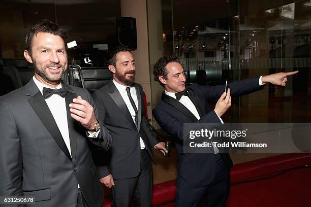 Actor Jonathon King, Directors Pablo Larrain and Juan de Dios Larrain of Neruda attend the 74th Annual Golden Globe Awards at The Beverly Hilton...