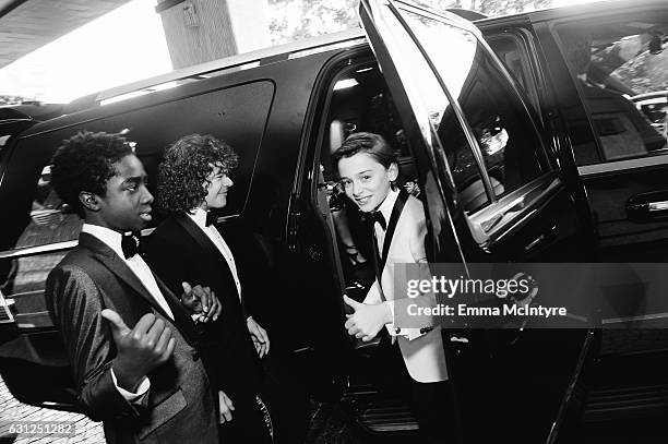 Actors Caleb McLaughlin, Gaten Matarazzo, and Noah Schnapp attend 'Finn Wolfhard, Caleb McLaughlin and Noah Schnapp prepare for the 74th annual...