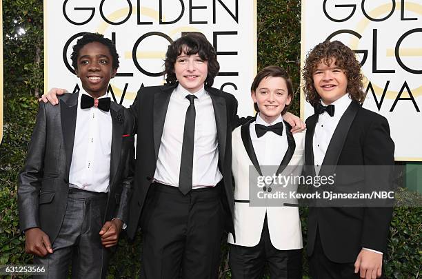 74th ANNUAL GOLDEN GLOBE AWARDS -- Pictured: Actors Caleb McLaughlin, Finn Wolfhard, Noah Schnapp and Gaten Matarazzo arrive to the 74th Annual...