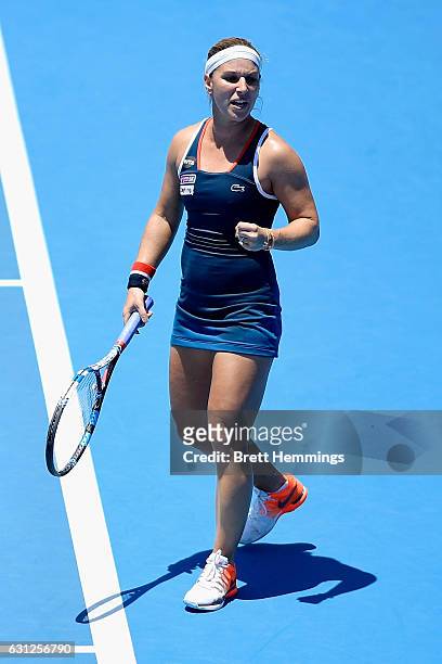 Dominika Cibulkova of Slovakia celebrates after winning a point in her first round match against Laura Siegemund of Germany during day two of the...