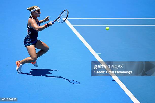 Dominika Cibulkova of Slovakia plays a forehand shot in her first round match against Laura Siegemund of Germany during day two of the 2017 Sydney...