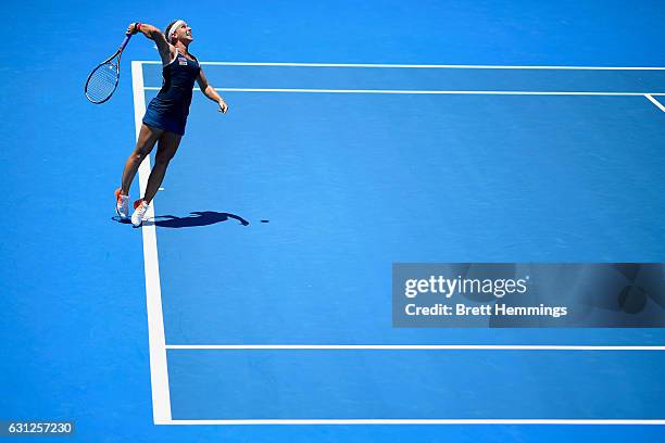 Dominika Cibulkova of Slovakia serves in her first round match against Laura Siegemund of Germany during day two of the 2017 Sydney International at...