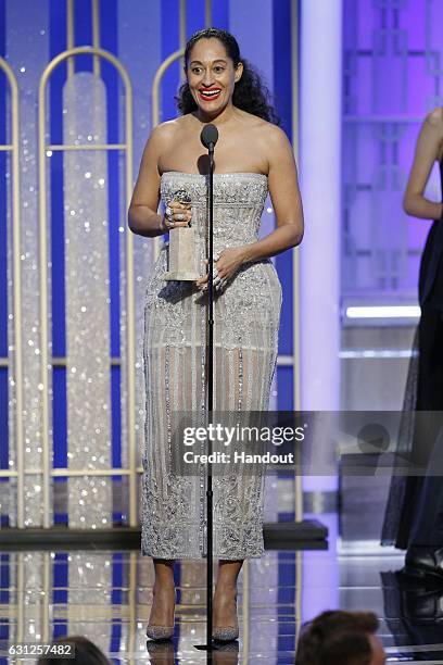 In this handout photo provided by NBCUniversal, Tracee Ellis Ross accepts the award for Best Actress in a Television Series - Musical or Comedy for...