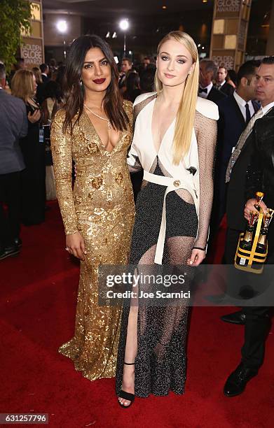 Actresses Priyanka Chopra Sophie Turner and attend the 74th Annual Golden Globe Awards at The Beverly Hilton Hotel on January 8, 2017 in Beverly...