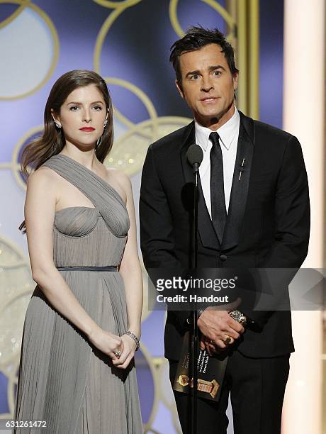 In this handout photo provided by NBCUniversal, presenters Anna Kendrick and Justin Theroux onstage during the 74th Annual Golden Globe Awards at The...