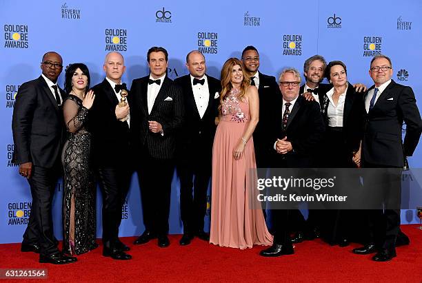 Cast and crew of 'The People v. O.J. Simpson: American Crime Story,' winner of Best Miniseries or Television Film, pose in the press room during the...