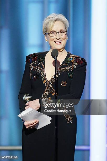 In this handout photo provided by NBCUniversal, Meryl Streep accepts Cecil B. DeMille Award during the 74th Annual Golden Globe Awards at The Beverly...