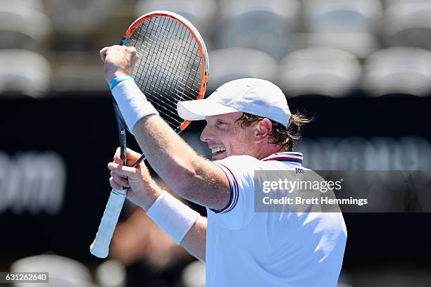 Matthew Barton of Australia celebrates victory in his first round match against Kyle Edmund of Great Britain during day two of the 2017 Sydney...