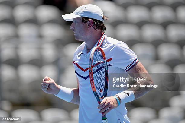 Matthew Barton of Australia celebrates after winning a point in his first round match against Kyle Edmund of Great Britain during day two of the 2017...
