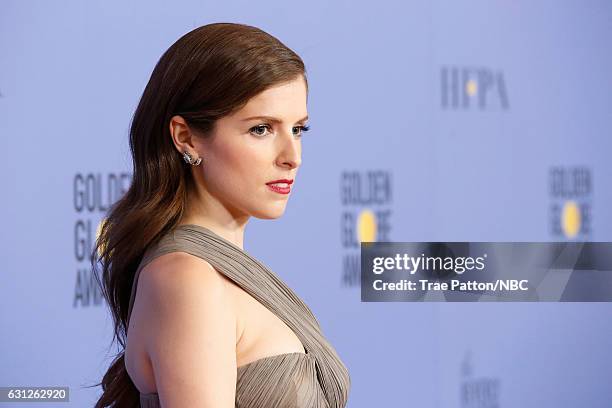 74th ANNUAL GOLDEN GLOBE AWARDS -- Pictured: Actress Anna Kendrick poses in the press room at the 74th Annual Golden Globe Awards held at the Beverly...