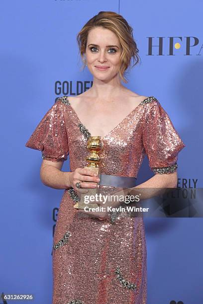 Actress Claire Foy, winner of Best Actress in a Television Series - Drama for 'The Crown,' poses in the press room during the 74th Annual Golden...