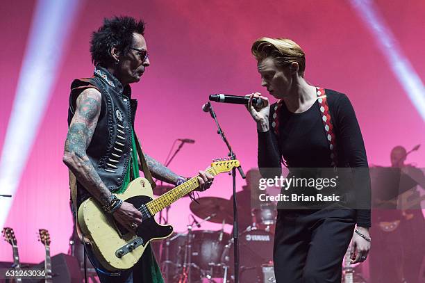 Earl Slick and La Roux aka Elly Jackson performs during a special concert Celebrating David Bowie With Gary Oldman & Friends on what wold have been...