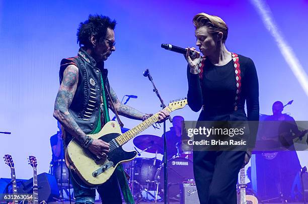 Earl Slick and La Roux aka Elly Jackson performs during a special concert Celebrating David Bowie With Gary Oldman & Friends on what wold have been...