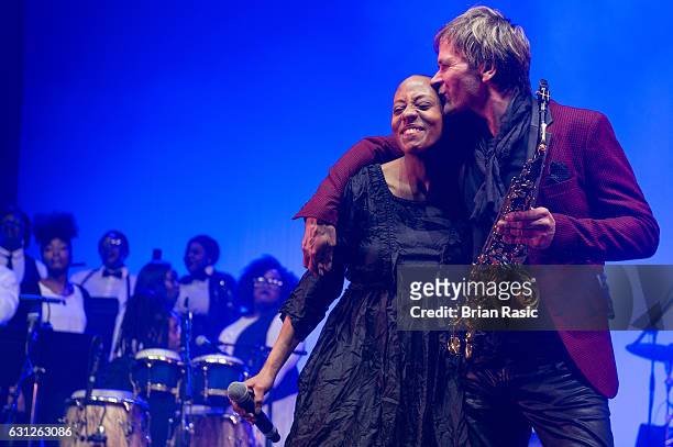 Gail Ann Dorsey and Steve Norman of Spandau Ballet perform during a special concert Celebrating David Bowie With Gary Oldman & Friends on what wold...