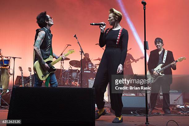 Earl Slick and La Roux aka Elly Jackson performs during a special concert Celebrating David Bowie With Gary Oldman & Friends on what wold have been...