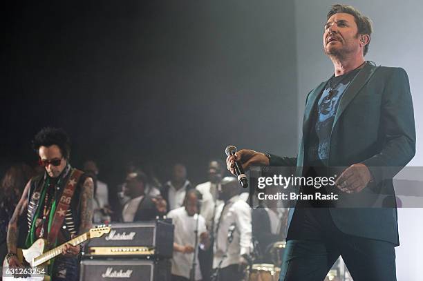 Simon La Bon of Duran Duran performs during a special concert Celebrating David Bowie With Gary Oldman & Friends on what wold have been Bowie's 70th...