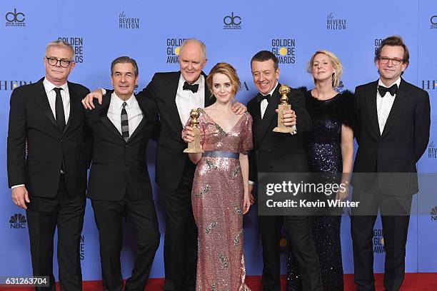 Cast and crew of 'The Crown,' winner of Best Series - Drama, pose in the press room during the 74th Annual Golden Globe Awards at The Beverly Hilton...