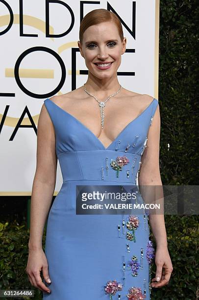 Jessica Chastain arrives at the 74th annual Golden Globe Awards, January 8 at the Beverly Hilton Hotel in Beverly Hills, California. / AFP / VALERIE...