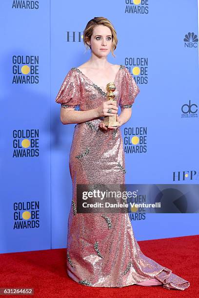 Actress Claire Foy, winner of Best Actress in a Television Series - Drama for 'The Crown,' poses in the press room during the 74th Annual Golden...