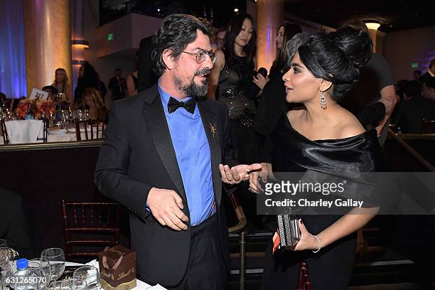 Producer Roman Coppola and actress Amara Karan at the 74th annual Golden Globe Awards sponsored by FIJI Water at The Beverly Hilton Hotel on January...