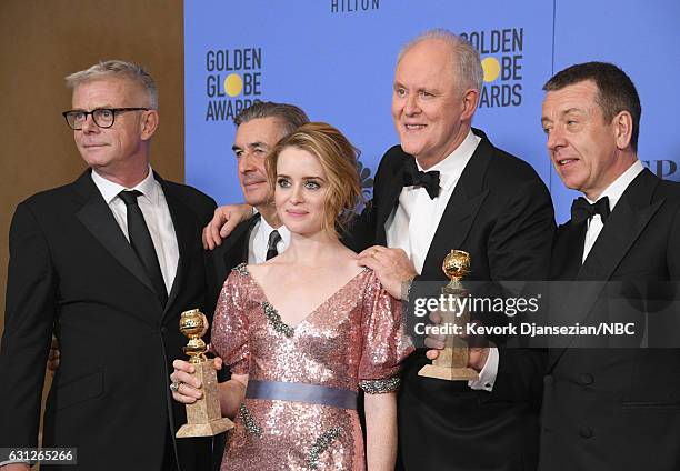 74th ANNUAL GOLDEN GLOBE AWARDS -- Pictured: The cast and creators of 'The Crown' pose with the Best Performance by an Actress in a Television Series...