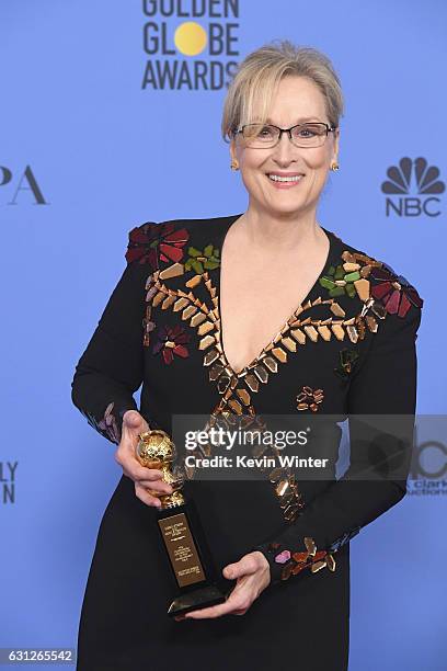 Actress Meryl Streep, recipient of the Cecil B. DeMille Award, poses in the press room during the 74th Annual Golden Globe Awards at The Beverly...