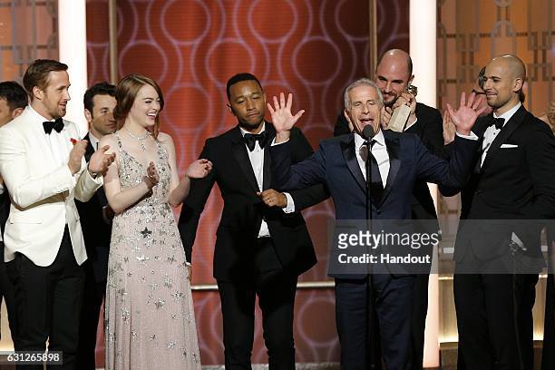 In this handout photo provided by NBCUniversal, actors Ryan Gosling, Emma Stone and John Legend and producers Marc Platt, Jordan Horowitz and Fred...