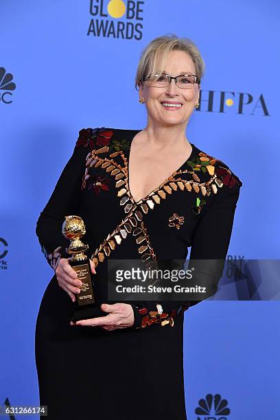 Actress Meryl Streep poses with award in the press room during the 74th Annual Golden Globe Awards at The Beverly Hilton Hotel on January 8, 2017 in...