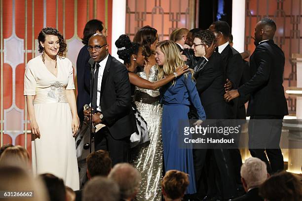 In this handout photo provided by NBCUniversal, producer Adele Romanski, director Barry Jenkins, actress Janelle Monae and producer Dede Gardner and...