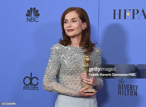 74th ANNUAL GOLDEN GLOBE AWARDS -- Pictured: Actress Isabelle Hupper, winner of the Best Performance by an Actress in a Motion Picture  Drama for...