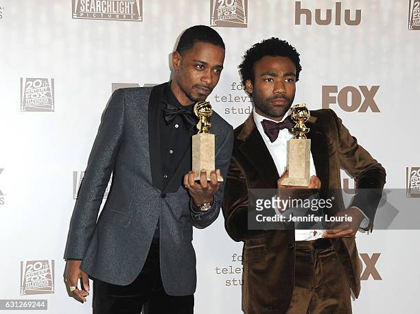 Actors Lakeith Stanfield and Donald Glover, winners of Best Television Series - Musical or Comedy for 'Atlanta,' attend FOX and FX's 2017 Golden...