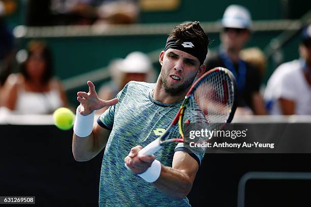Jiri Vesely of Czech Republic plays a forehand in his match against Horacio Zeballos of Argentina on day eight of the ASB Classic on January 9, 2017...