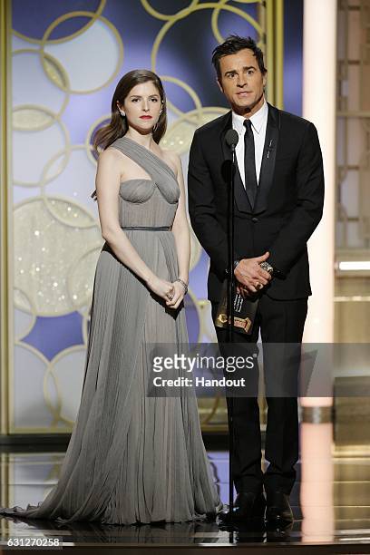 In this handout photo provided by NBCUniversal, presenters Anna Kendrick and Justin Theroux onstage during the 74th Annual Golden Globe Awards at The...