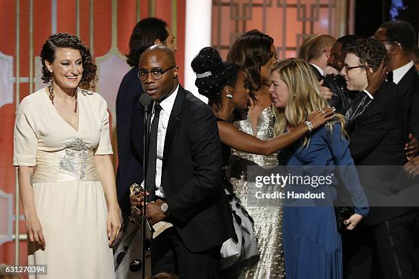 In this handout photo provided by NBCUniversal, producer Adele Romanski, director Barry Jenkins, actress Janelle Monae and producer Dede Gardner and...