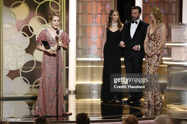 In this handout photo provided by NBCUniversal, Claire Foy accepts the award for Best Actress in a TV Series - Drama for her role in "The Crown" at...