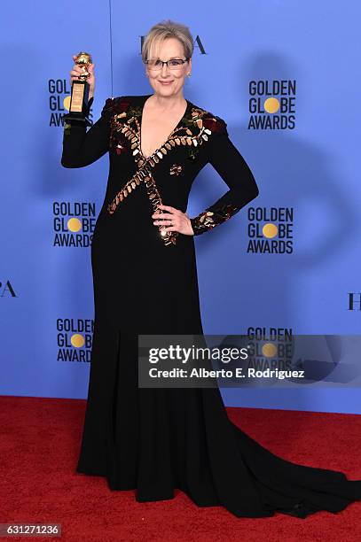 Meryl Streep poses in the press room during the 74th Annual Golden Globe Awards at The Beverly Hilton Hotel on January 8, 2017 in Beverly Hills,...