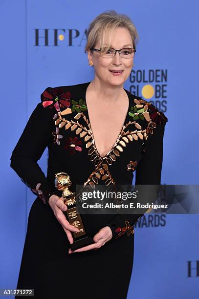 Meryl Streep poses in the press room during the 74th Annual Golden Globe Awards at The Beverly Hilton Hotel on January 8, 2017 in Beverly Hills,...