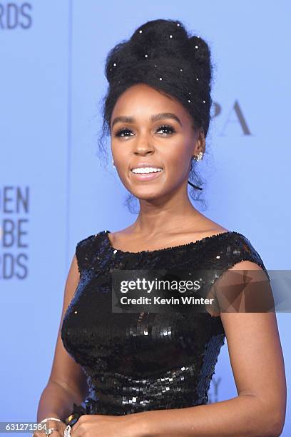 Actress Janelle Monae of 'Moonlight,' winner of Best Motion Picture - Drama, poses in the press room during the 74th Annual Golden Globe Awards at...