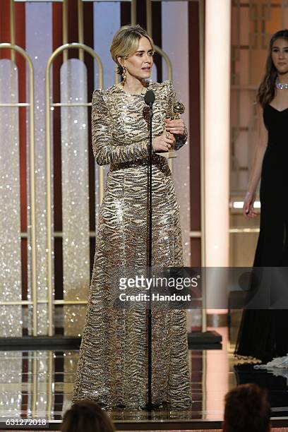 In this handout photo provided by NBCUniversal, Sarah Paulson accepts her award for Best Actress in a Limited Series or Motion Picture Made for TV...