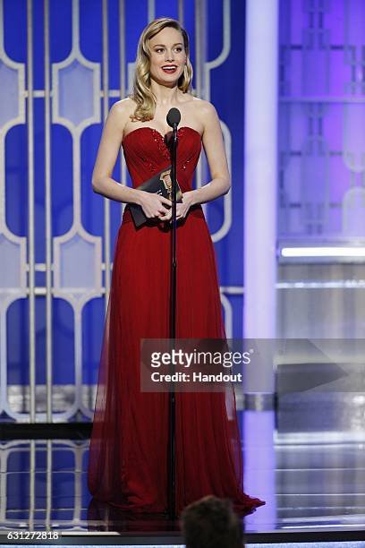 In this handout photo provided by NBCUniversal, presenter Brie Larson onstage during the 74th Annual Golden Globe Awards at The Beverly Hilton Hotel...