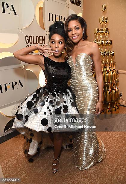 Singer Janelle Monae and Naomie Harris attend the 74th Annual Golden Globe Awards at The Beverly Hilton Hotel on January 8, 2017 in Beverly Hills,...
