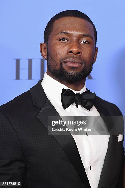 Actor Trevante Rhodes of 'Moonlight,' winner of Best Motion Picture - Drama, poses in the press room during the 74th Annual Golden Globe Awards at...