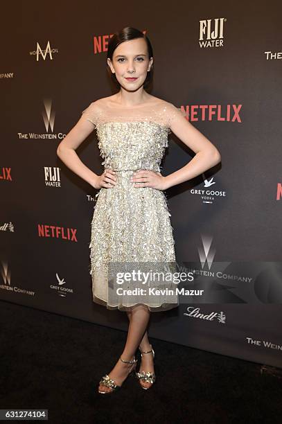 Actress Millie Bobby Brown attends The Weinstein Company and Netflix Golden Globe Party, presented with FIJI Water, Grey Goose Vodka, Lindt...