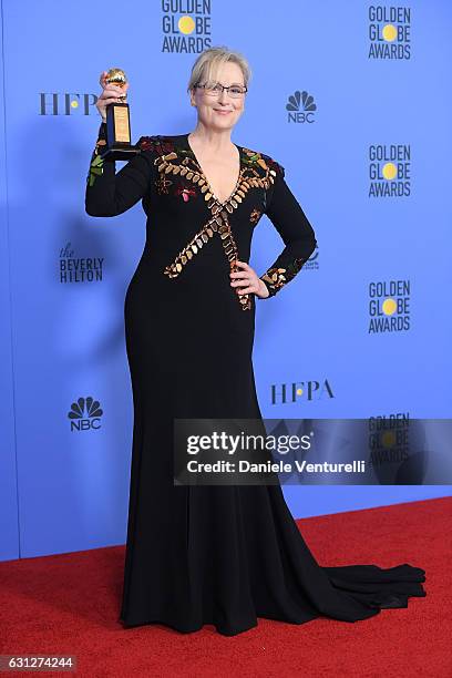 Actress Meryl Streep poses in the press room during the 74th Annual Golden Globe Awards at The Beverly Hilton Hotel on January 8, 2017 in Beverly...