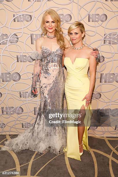 Actresses Nicole Kidman and Reese Witherspoon attend HBO's Official Golden Globe Awards After Party at Circa 55 Restaurant on January 8, 2017 in...