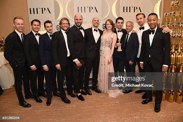 Composers Justin Paul, Benj Pasek, Justin Hurwitz, producers Gary Gilbert, Jordan Horowitz, Fred Berger, actress Emma Stone, director Damien...