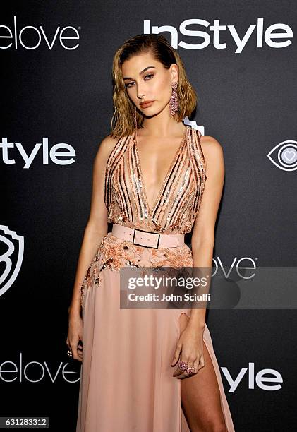 Model Hailey Baldwin attends The 2017 InStyle and Warner Bros. 73rd Annual Golden Globe Awards Post-Party at The Beverly Hilton Hotel on January 8,...