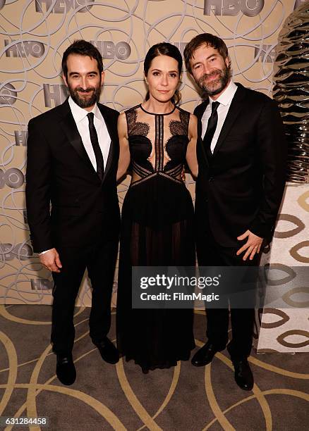 Actors Jay Duplass, Katie Aselton and Mark Duplass attend HBO's Official Golden Globe Awards After Party at Circa 55 Restaurant on January 8, 2017 in...